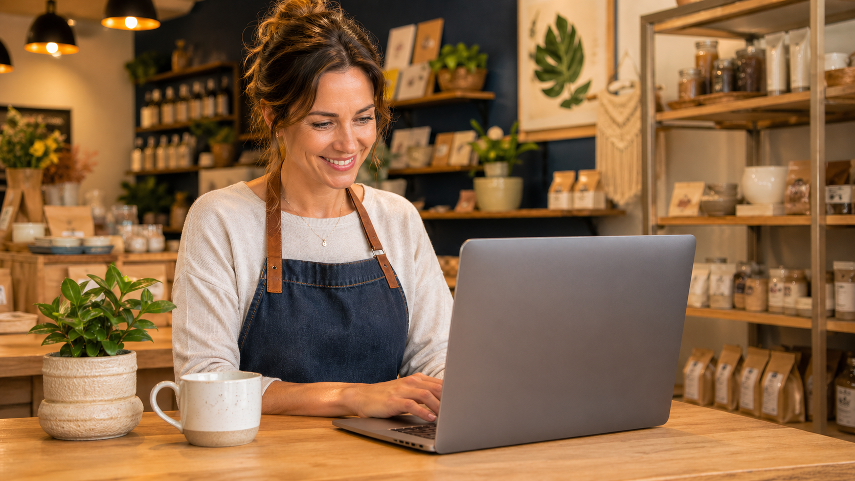 Core Web Vitals and Google rankings come to mind at a cozy cafe workspace with greenery, where a small business owner works on a laptop.