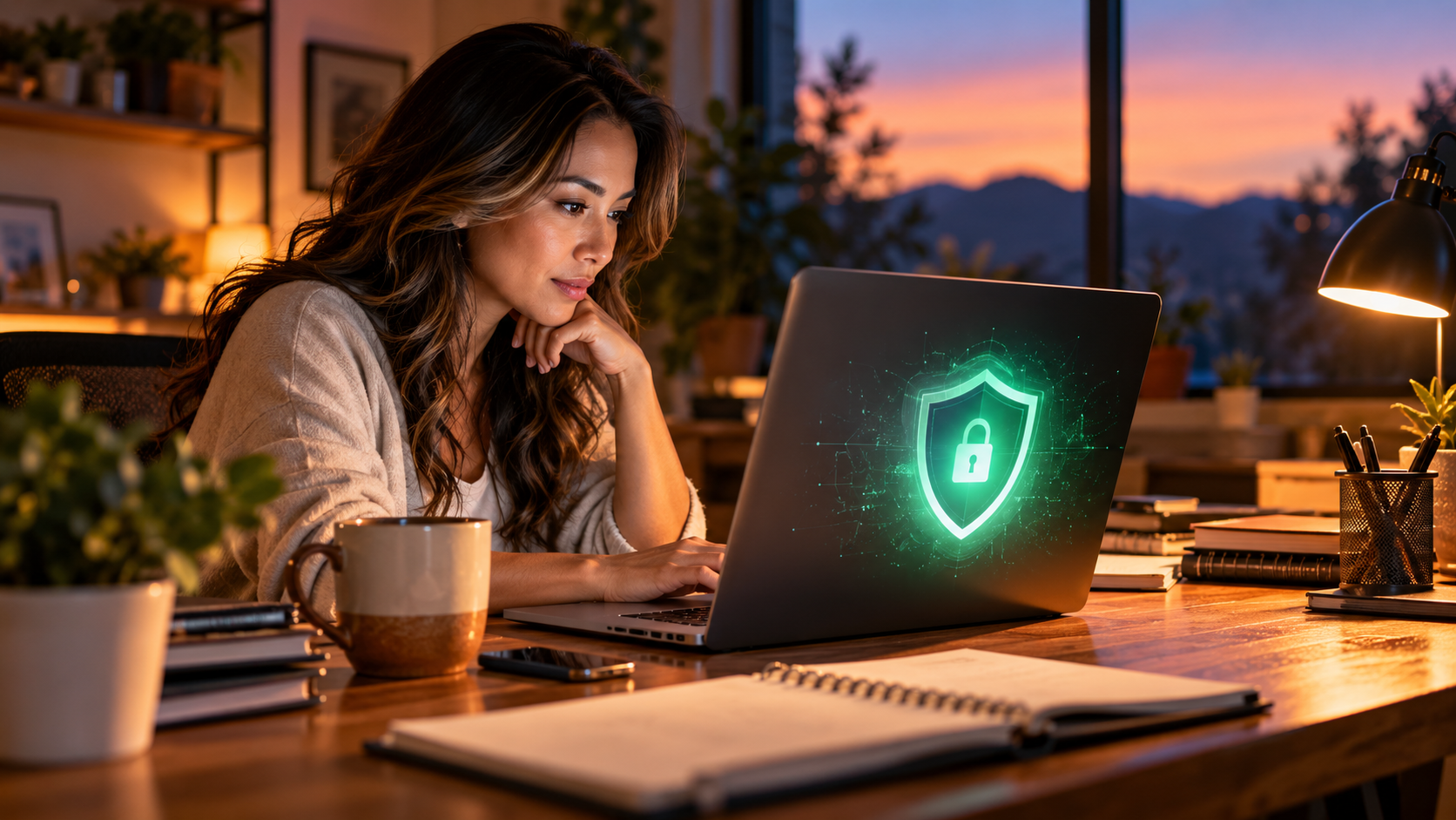 Small business owner working on a laptop in a cozy home office at dusk, with a glowing green security shield icon representing online business protection and cybersecurity.